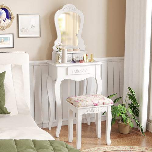 Makeup Dressing Table and Bench 3 Drawers and Cushioned Stool for Girls, White