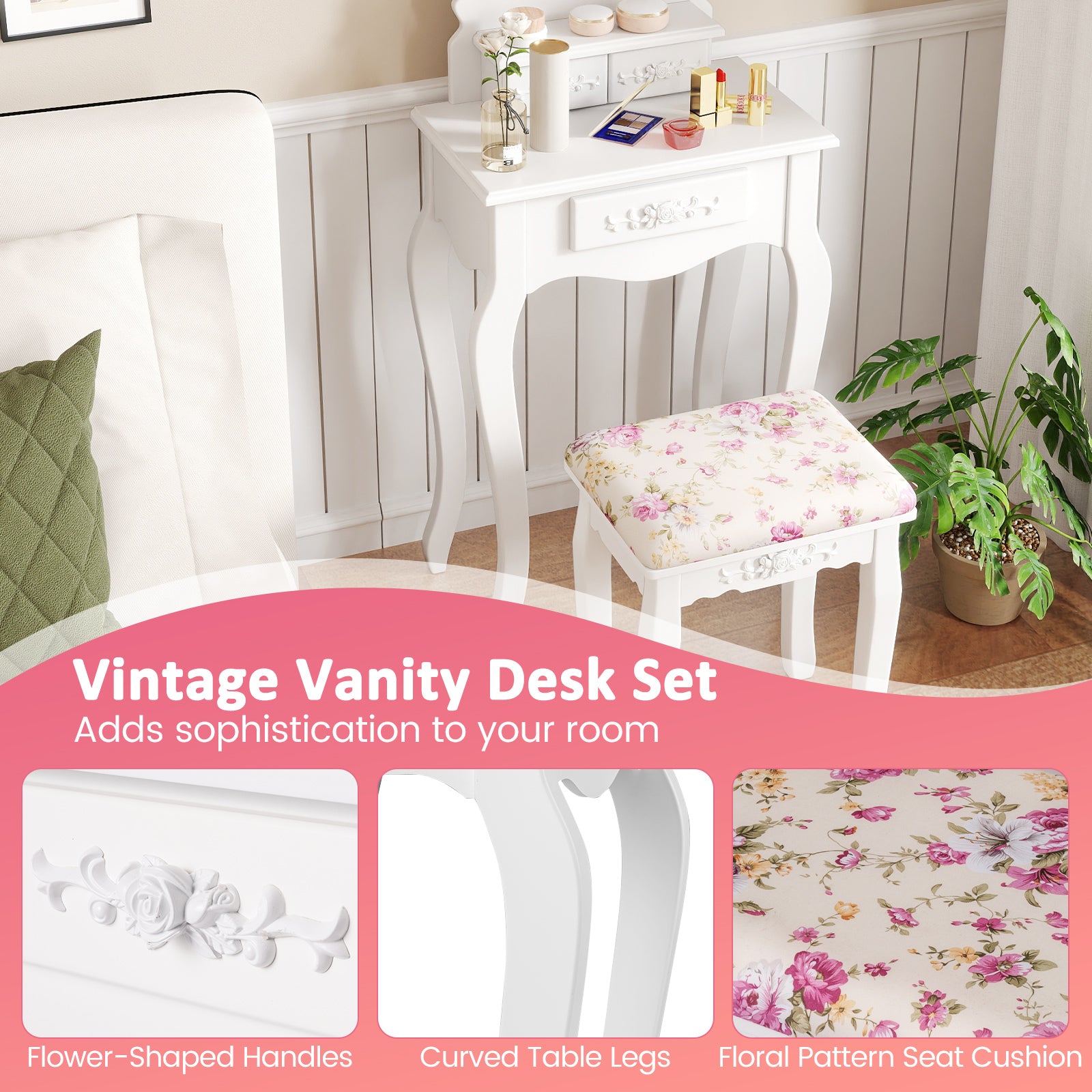 Makeup Dressing Table and Bench 3 Drawers and Cushioned Stool for Girls, White Makeup Vanities at Gallery Canada