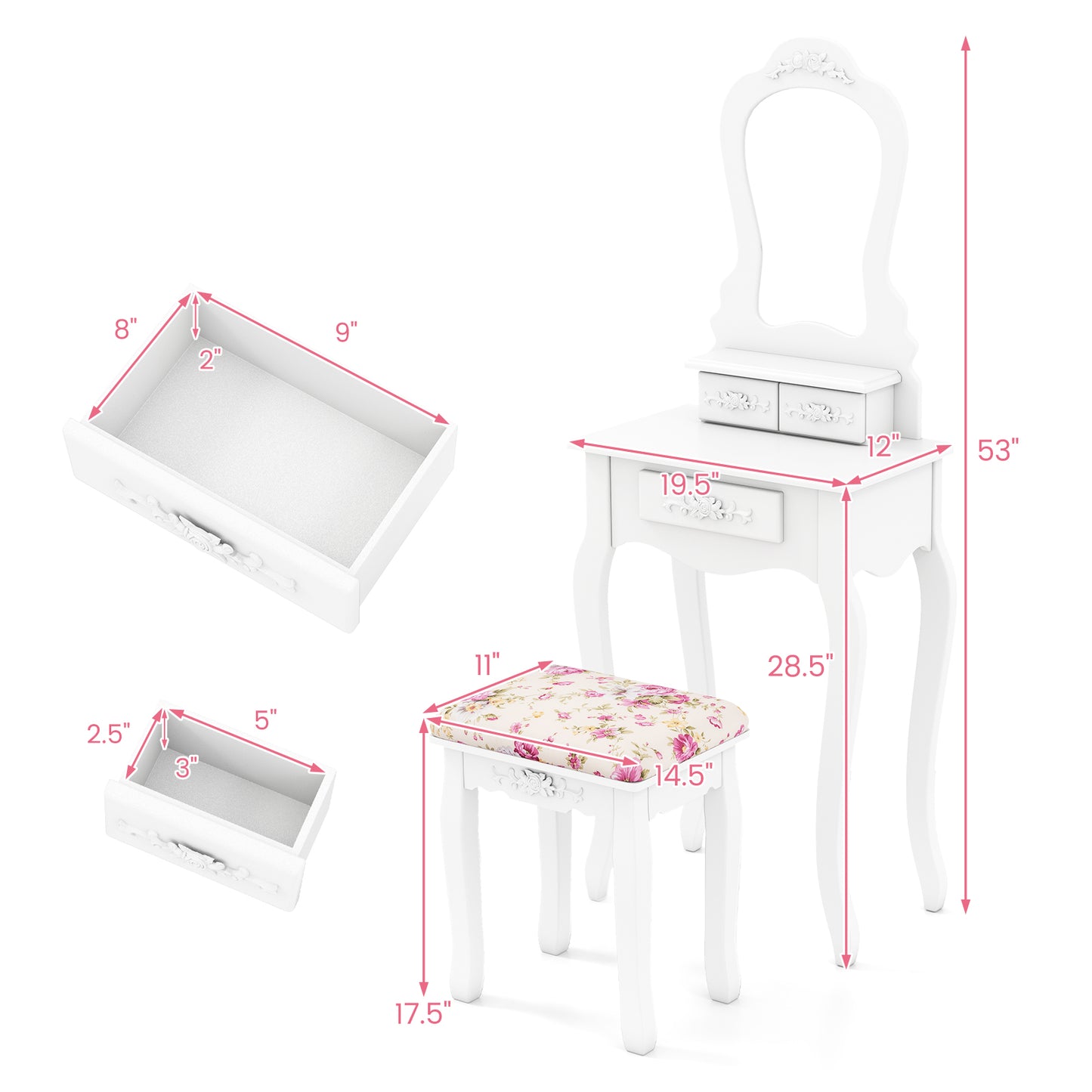 Makeup Dressing Table and Bench 3 Drawers and Cushioned Stool for Girls, White Makeup Vanities at Gallery Canada
