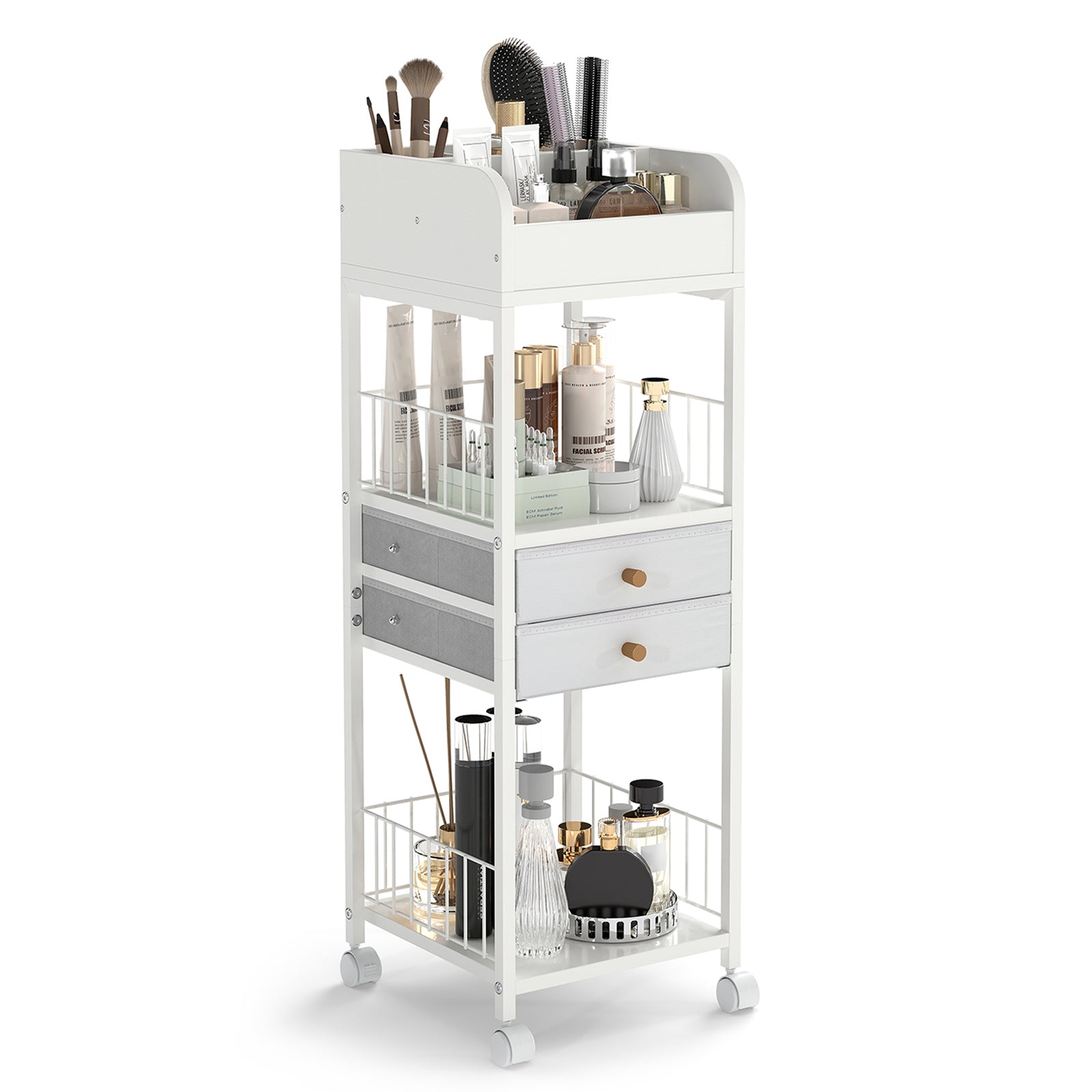 Makeup Organizer Floor Skincare Organizer Cart with Drawers and Storage Shelves, White File Cabinets White at Gallery Canada
