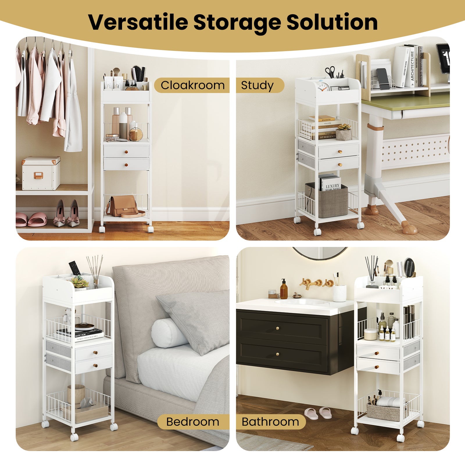 Makeup Organizer Floor Skincare Organizer Cart with Drawers and Storage Shelves, White File Cabinets at Gallery Canada