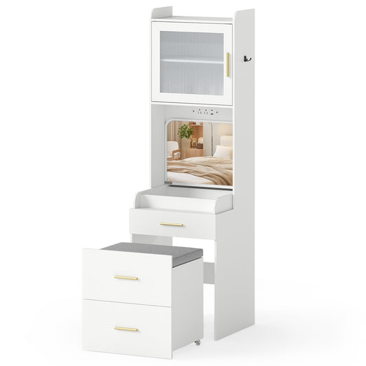 Makeup Vanity with Power Outlets and Flip-top Mirror and Storage Stool, White