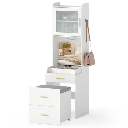 Makeup Vanity with Power Outlets and Flip-top Mirror and Storage Stool, White