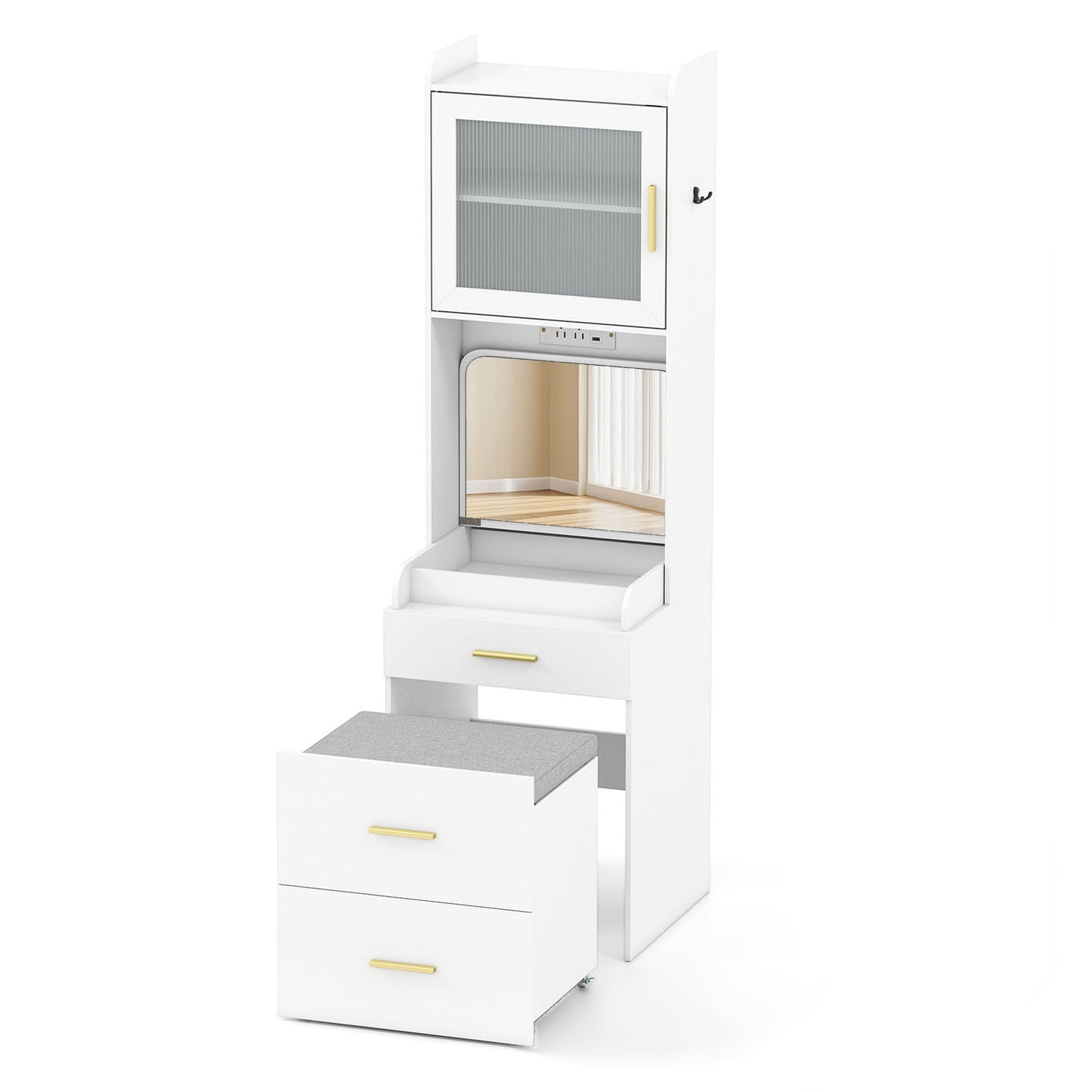 Makeup Vanity with Power Outlets and Flip-top Mirror and Storage Stool, White Makeup Vanities at Gallery Canada