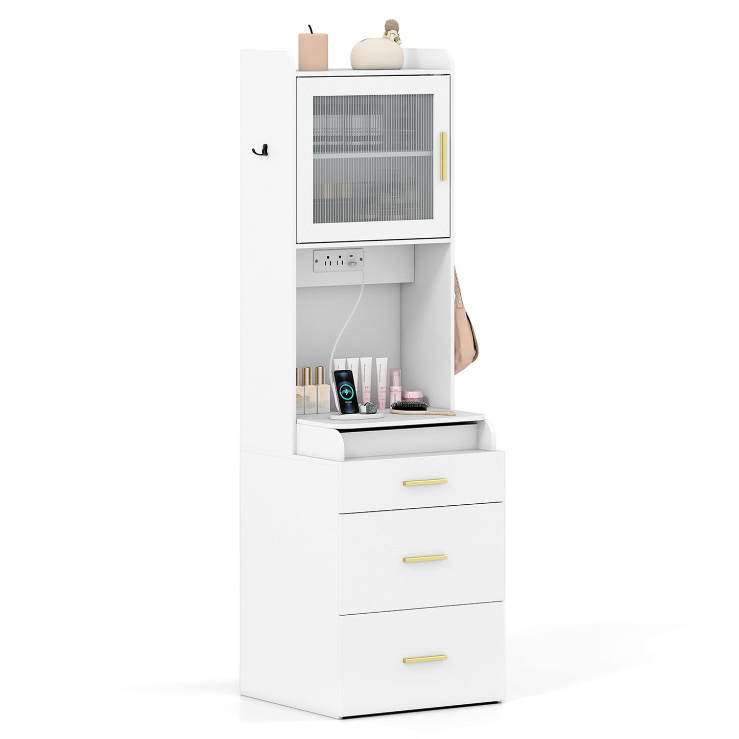 Makeup Vanity with Power Outlets and Flip-top Mirror and Storage Stool, White Makeup Vanities White at Gallery Canada