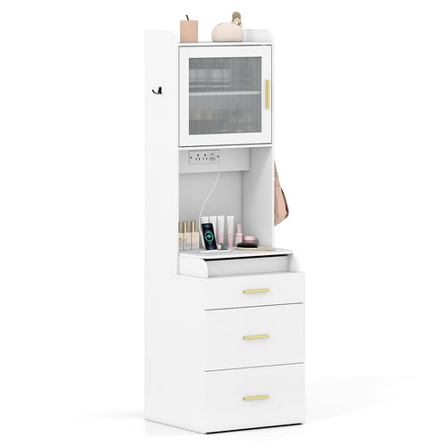 Makeup Vanity with Power Outlets and Flip-top Mirror and Storage Stool, White