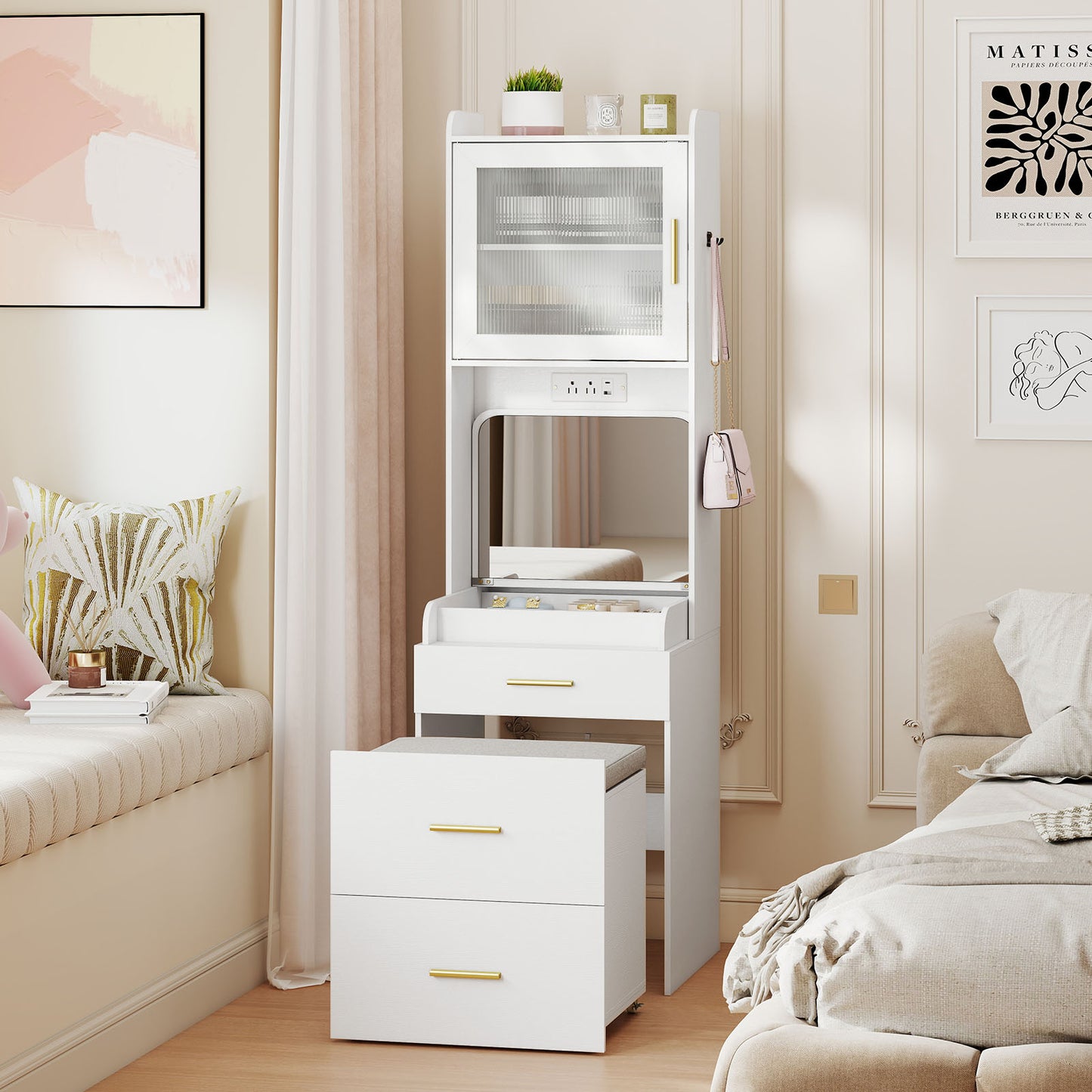 Makeup Vanity with Power Outlets and Flip-top Mirror and Storage Stool, White Makeup Vanities at Gallery Canada
