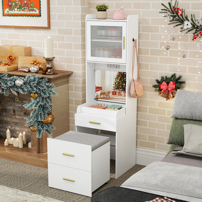 Makeup Vanity with Power Outlets and Flip-top Mirror and Storage Stool, White Makeup Vanities at Gallery Canada