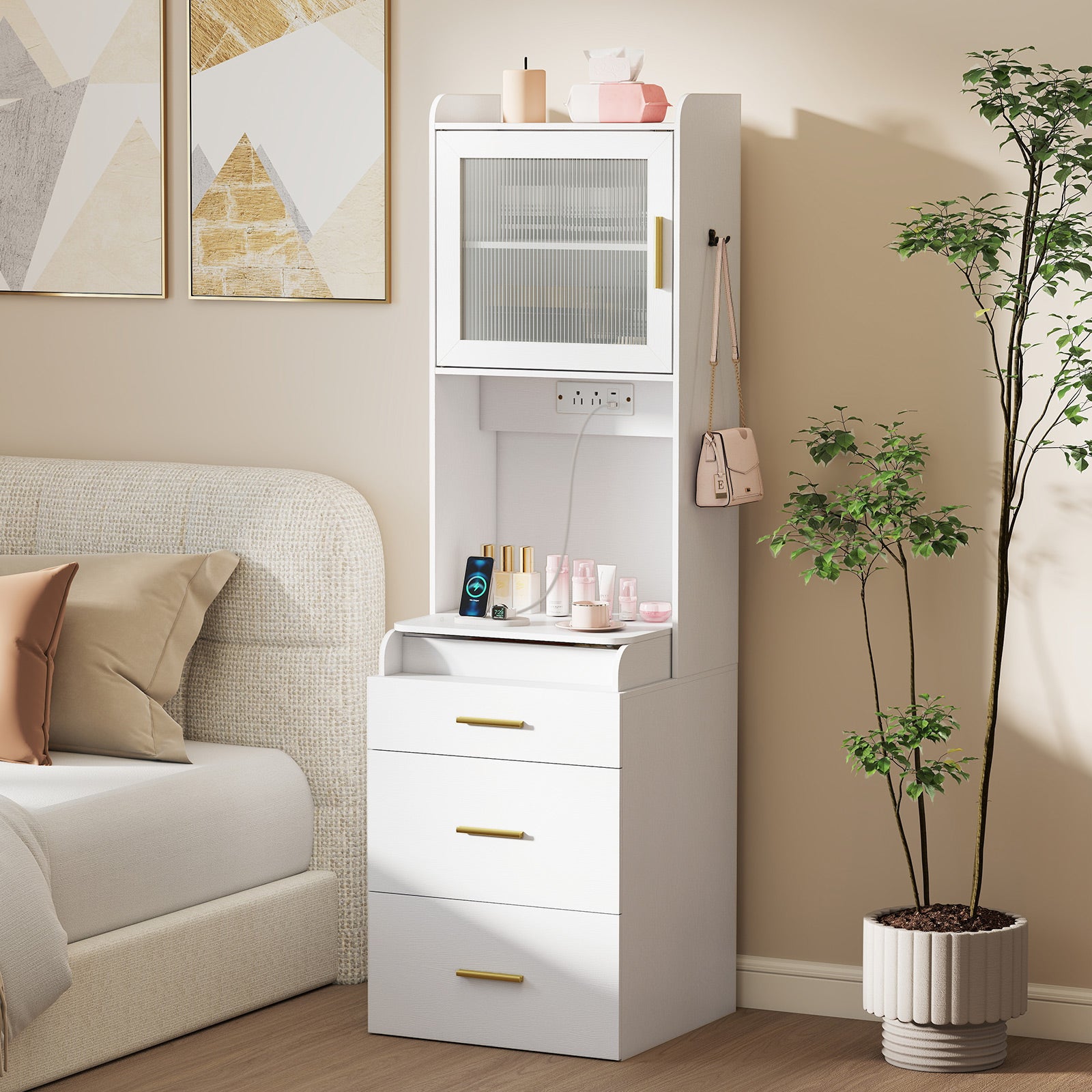 Makeup Vanity with Power Outlets and Flip-top Mirror and Storage Stool, White Makeup Vanities at Gallery Canada