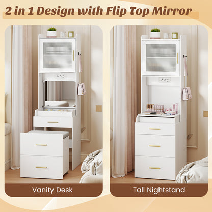 Makeup Vanity with Power Outlets and Flip-top Mirror and Storage Stool, White Makeup Vanities at Gallery Canada
