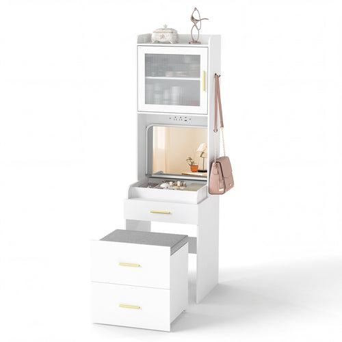 Makeup Vanity with Power Outlets and Flip-top Mirror and Storage Stool, White