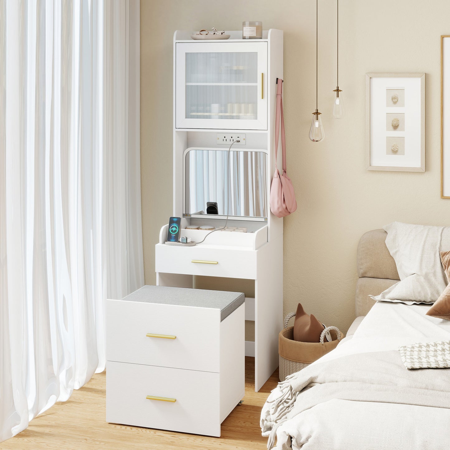 Makeup Vanity with Power Outlets and Flip-top Mirror and Storage Stool, White Makeup Vanities at Gallery Canada