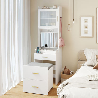 Makeup Vanity with Power Outlets and Flip-top Mirror and Storage Stool, White Makeup Vanities at Gallery Canada