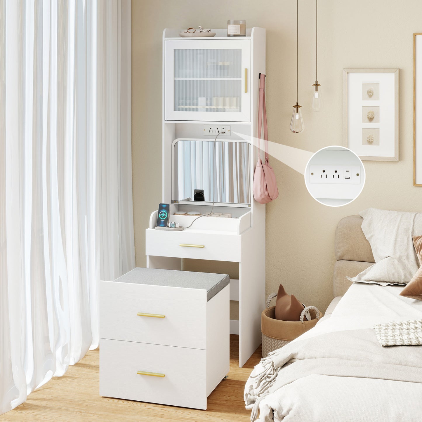 Makeup Vanity with Power Outlets and Flip-top Mirror and Storage Stool, White Makeup Vanities at Gallery Canada
