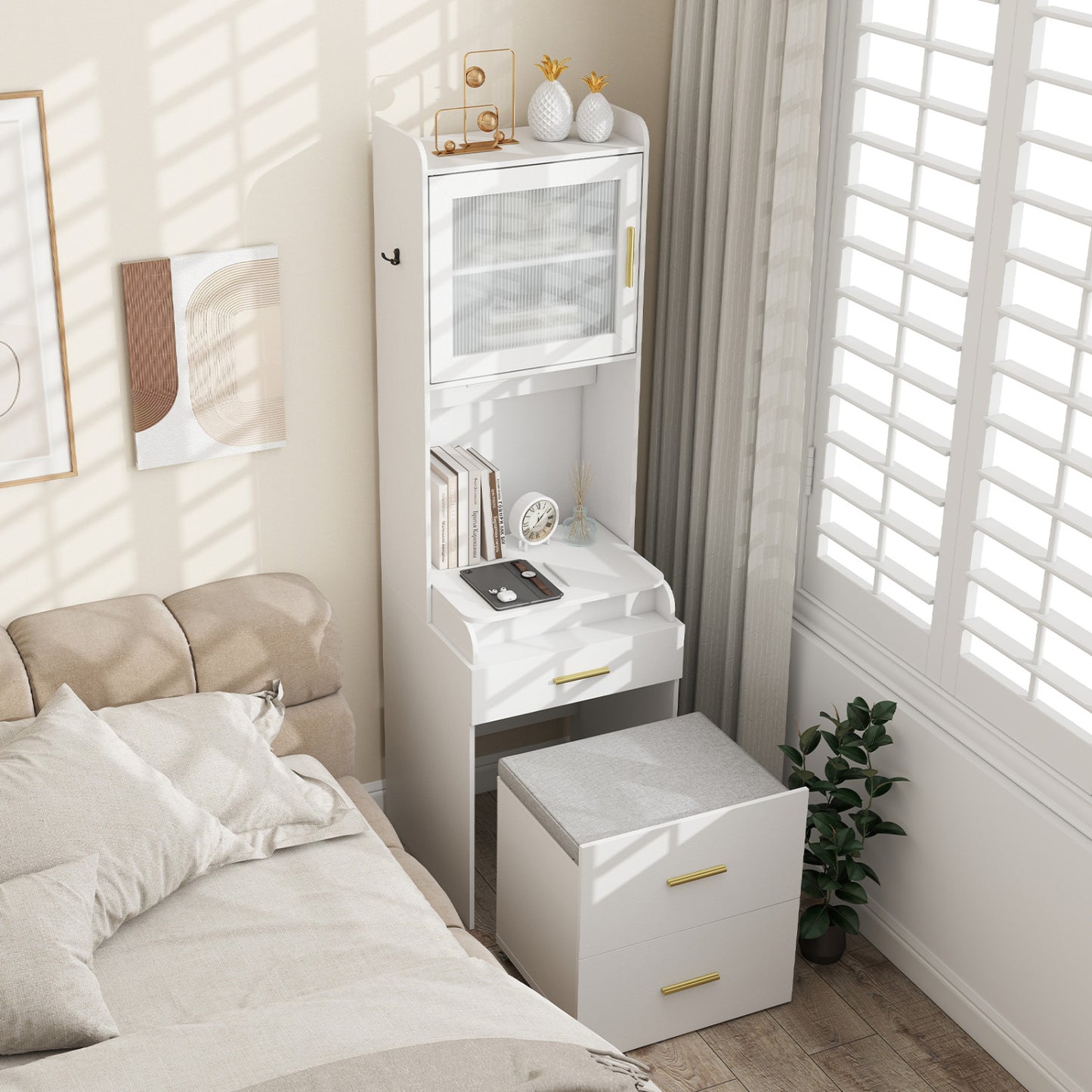 Makeup Vanity with Power Outlets and Flip-top Mirror and Storage Stool, White Makeup Vanities at Gallery Canada