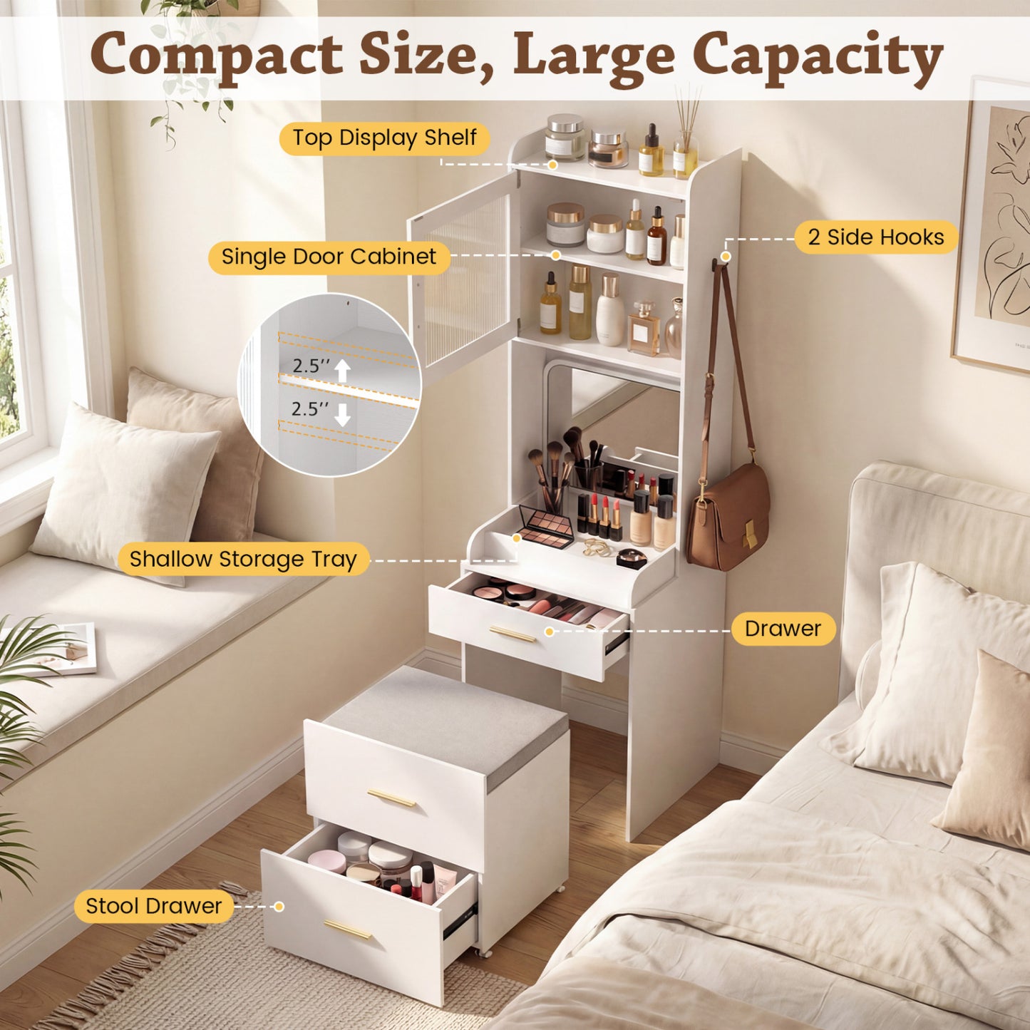 Makeup Vanity with Power Outlets and Flip-top Mirror and Storage Stool, White Makeup Vanities at Gallery Canada