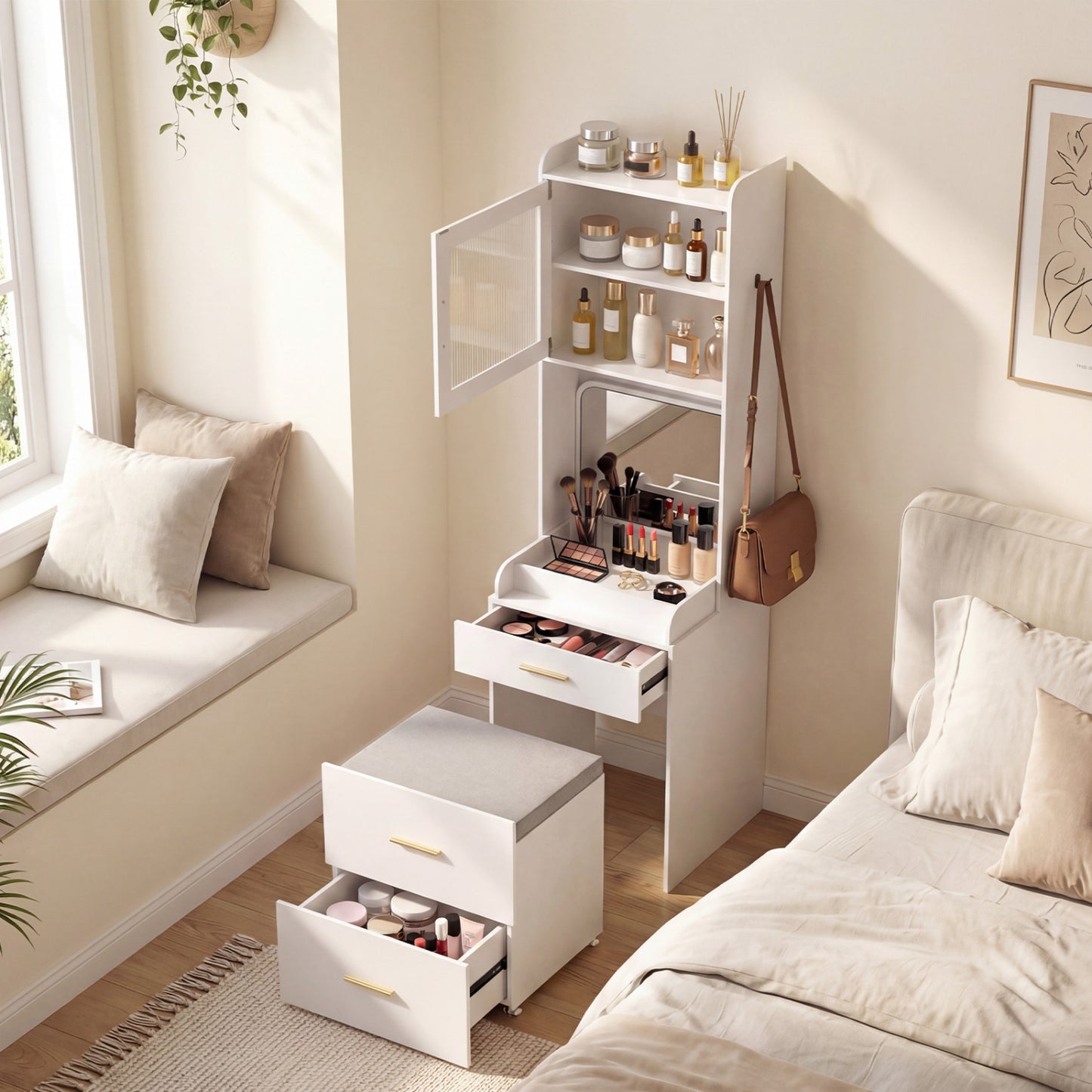 Makeup Vanity with Power Outlets and Flip-top Mirror and Storage Stool, White Makeup Vanities at Gallery Canada