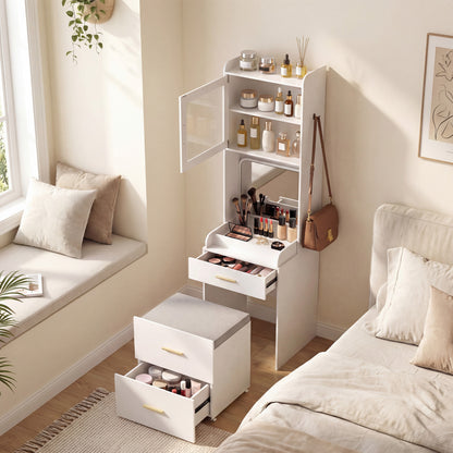 Makeup Vanity with Power Outlets and Flip-top Mirror and Storage Stool, White Makeup Vanities at Gallery Canada