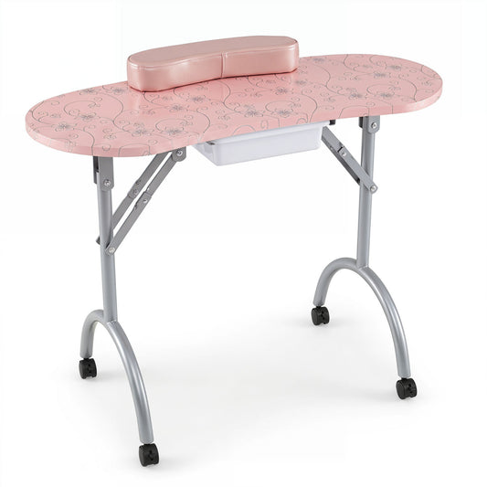 Foldable Portable Manicure Table with Drawer Casters and Cushion, Pink Spa & Salon Pink at Gallery Canada