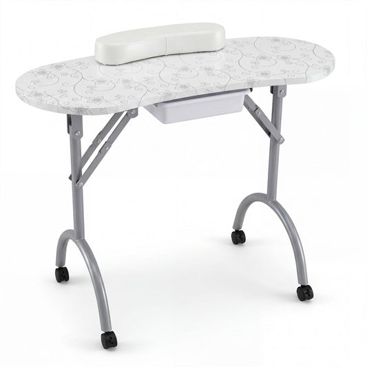 Foldable Portable Manicure Table with Drawer Casters and Cushion, White Spa & Salon White at Gallery Canada