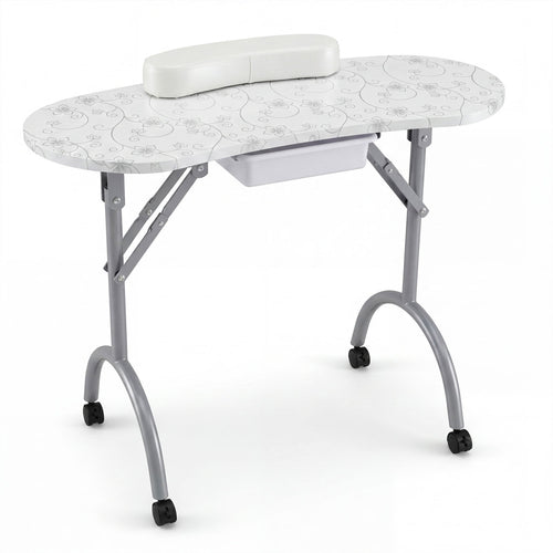 Foldable Portable Manicure Table with Drawer Casters and Cushion, White