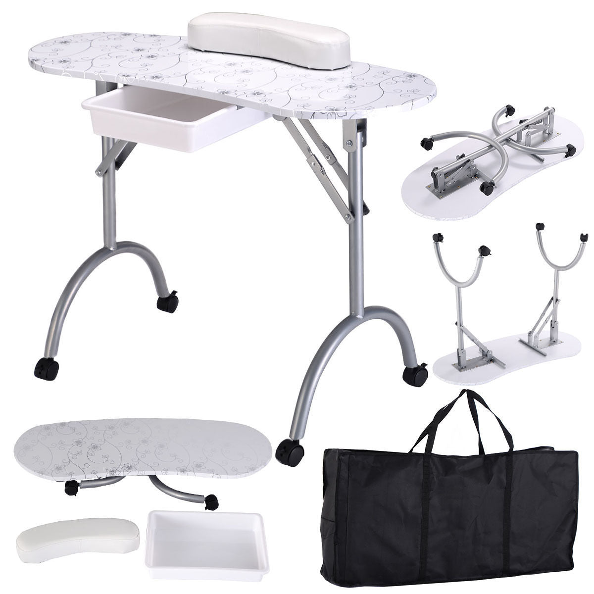 Foldable Portable Manicure Table with Drawer Casters and Cushion, White Spa & Salon at Gallery Canada
