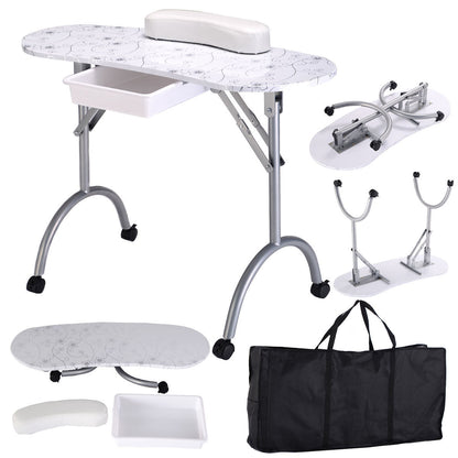 Foldable Portable Manicure Table with Drawer Casters and Cushion, White Spa & Salon at Gallery Canada