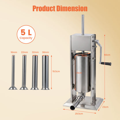 Remplisseuse de saucisses manuelle, 2 vitesses, 4 tubes, 5 L