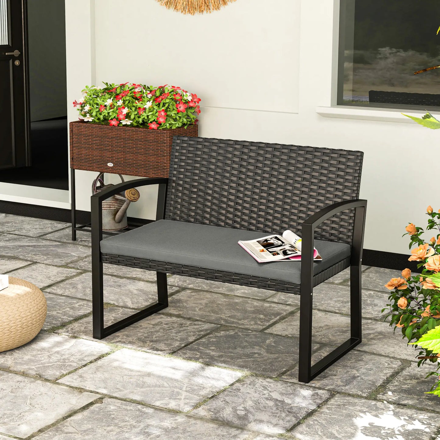 2 Seater Outdoor Rattan Bench with Cushion, Steel Frame, Light Grey Patio Chairs at Gallery Canada