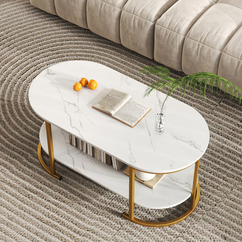 Marble Coffee Table With Open Storage Shelf, White