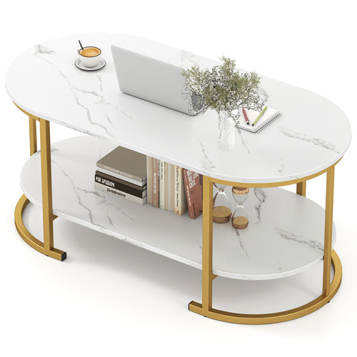 Marble Coffee Table With Open Storage Shelf, White