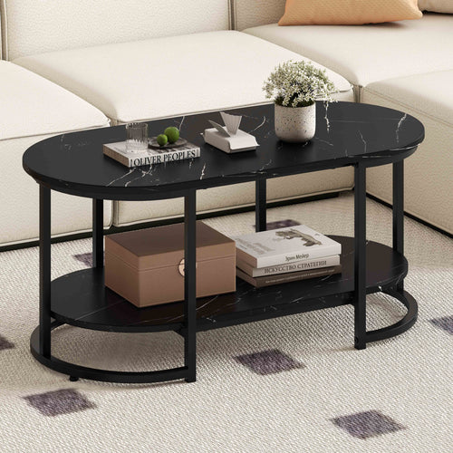 Marble Coffee Table with Open Storage Shelf, Black