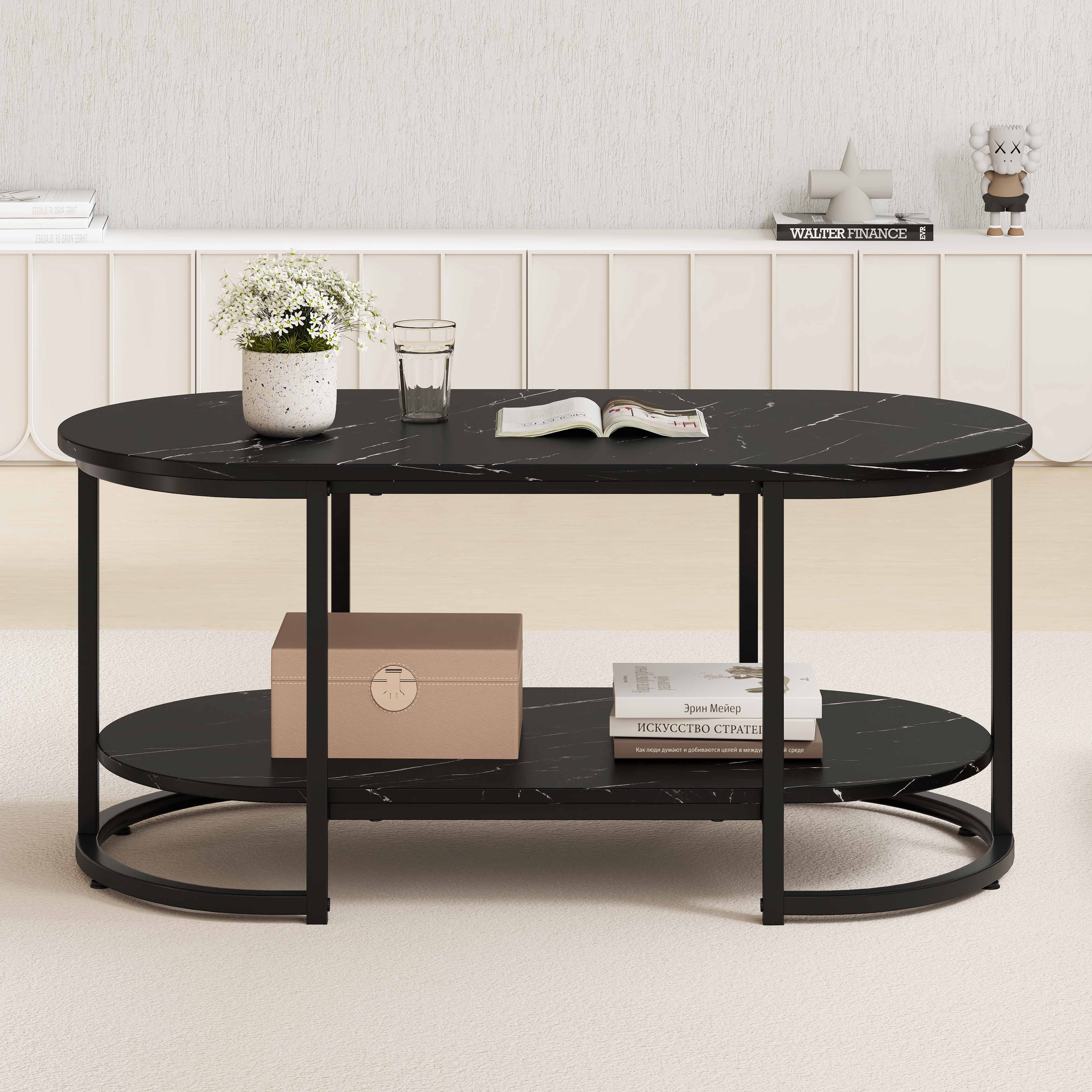 Marble Coffee Table with Open Storage Shelf, Black Coffee Tables at Gallery Canada