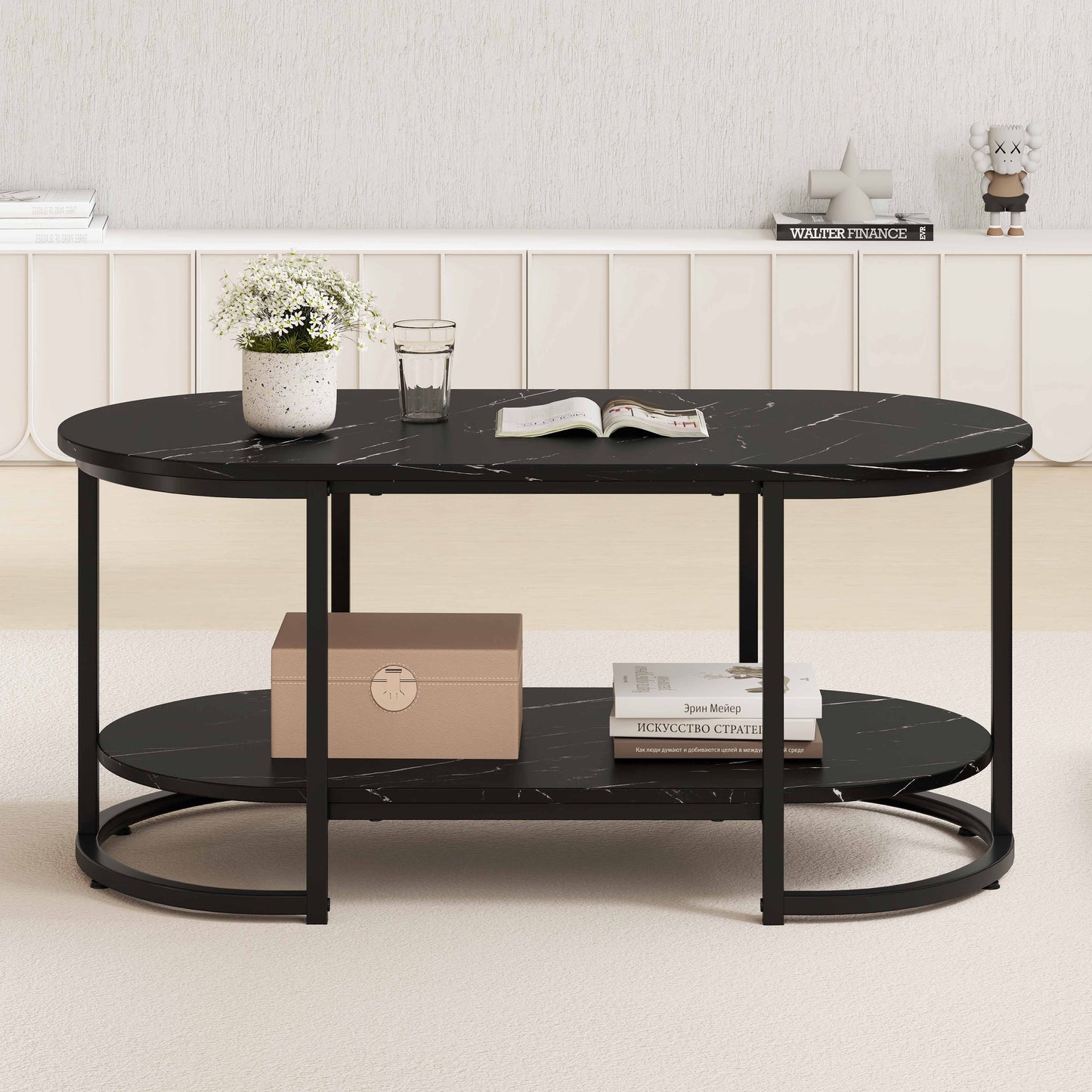 Marble Coffee Table with Open Storage Shelf, Black Coffee Tables at Gallery Canada