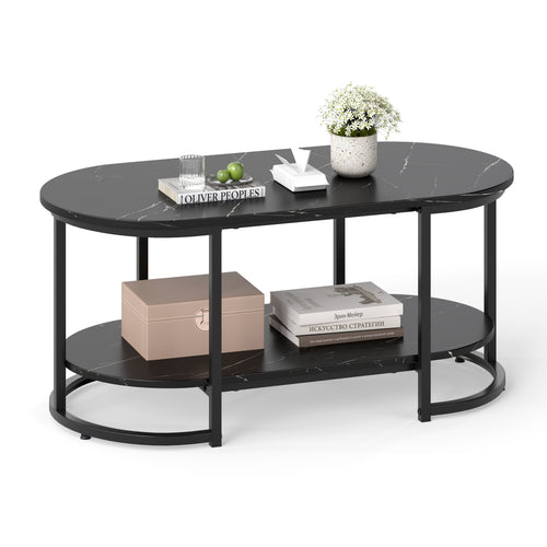 Marble Coffee Table with Open Storage Shelf, Black