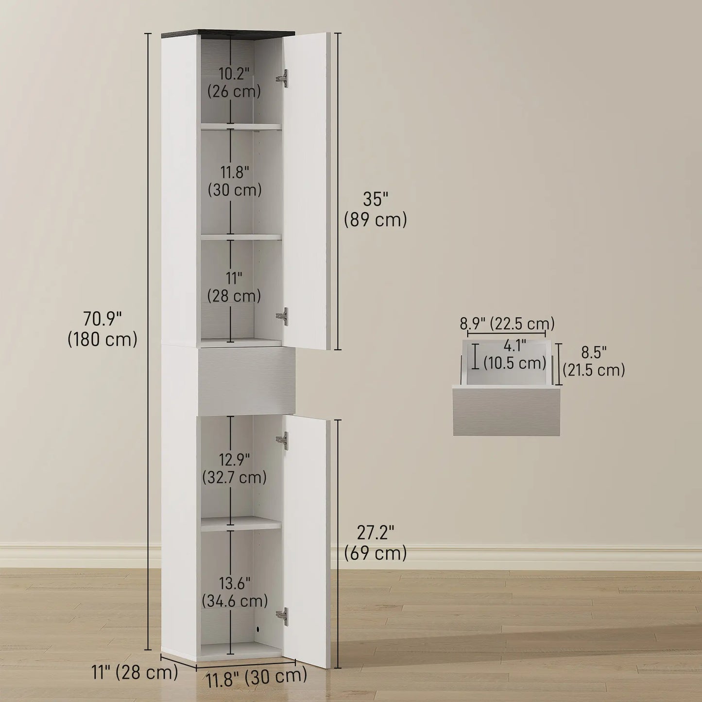 Tall Bathroom Cabinet, 2 Cupboards And Drawer, Adjustable Shelves, White