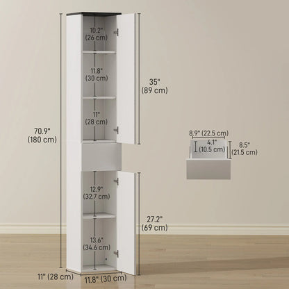 Tall Bathroom Cabinet, 2 Cupboards And Drawer, Adjustable Shelves, White