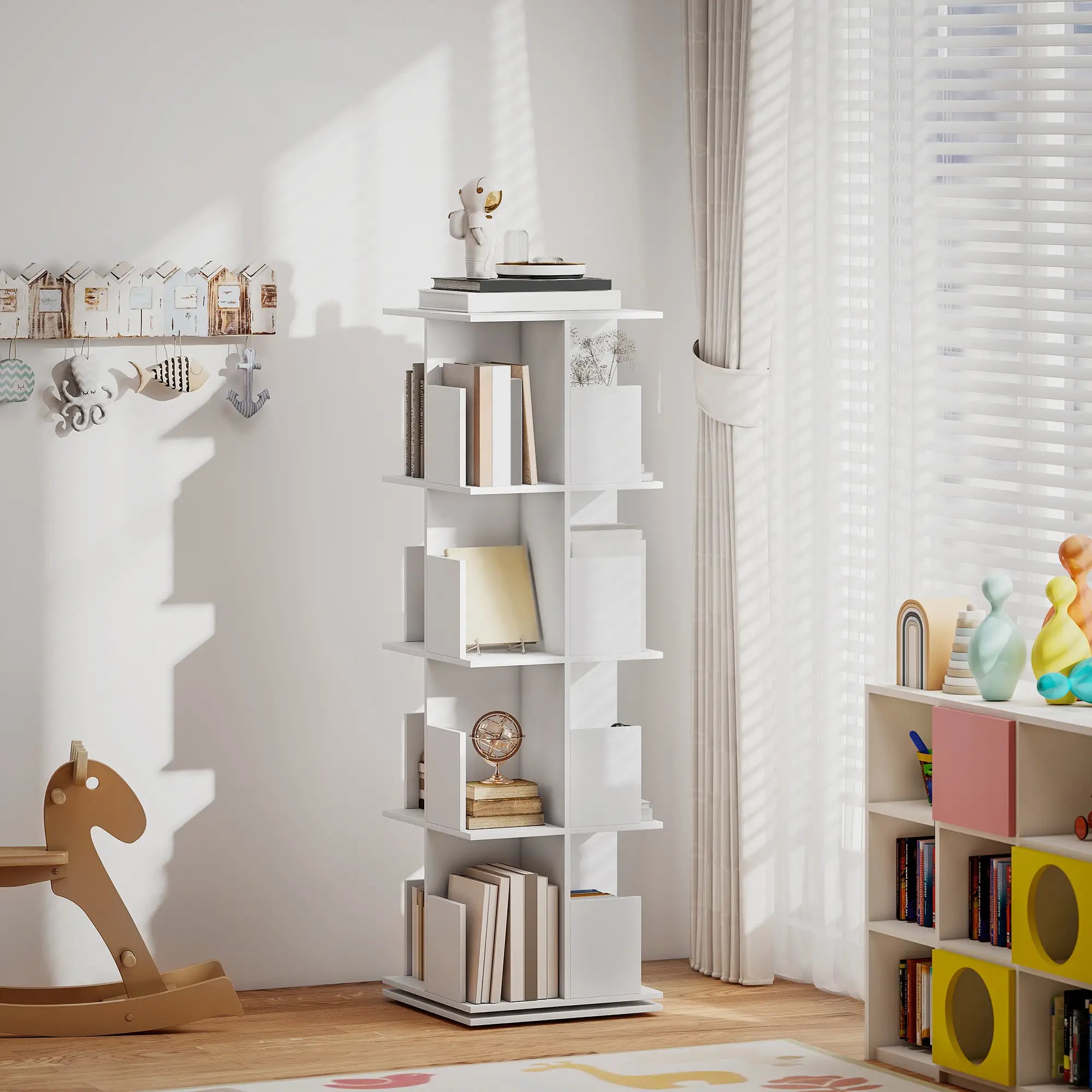 360° Rotating Bookcase, 4 Tier Bookshelf with 16 Cubbies, White Wood Grain, White Display Bookshelves at Gallery Canada