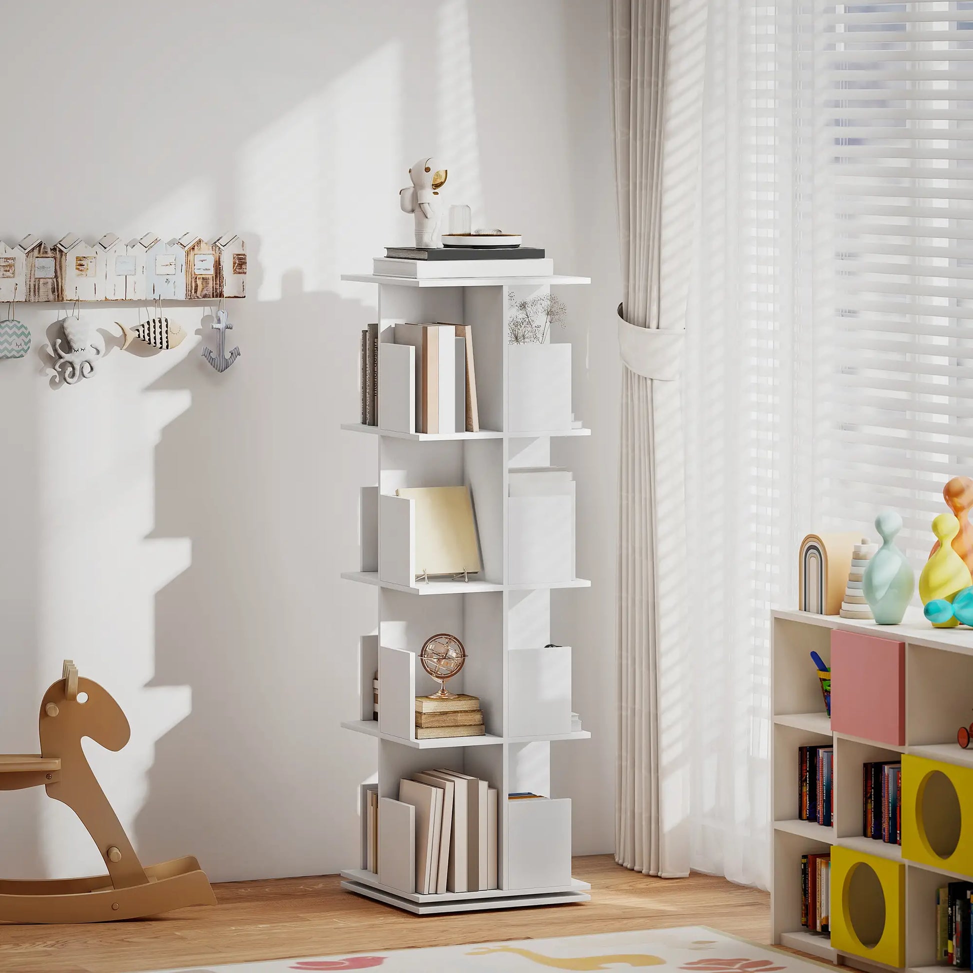 360° Rotating Bookcase, 4 Tier Bookshelf with 16 Cubbies, White Wood Grain, White Display Bookshelves at Gallery Canada