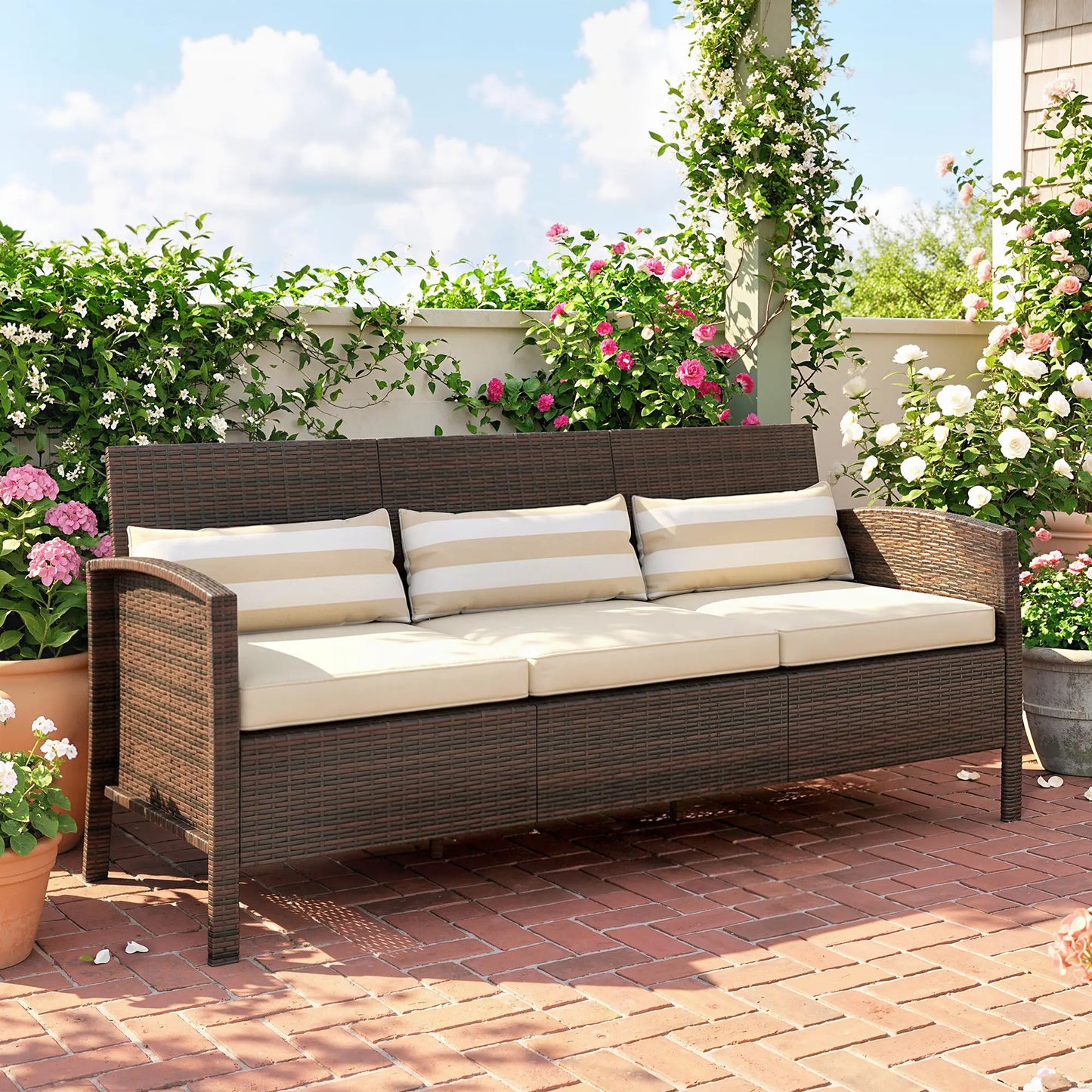 3-Seater Wicker Sofa, PE Rattan Outdoor Couch, Removable Cushions, Brown Patio Furniture Sets at Gallery Canada