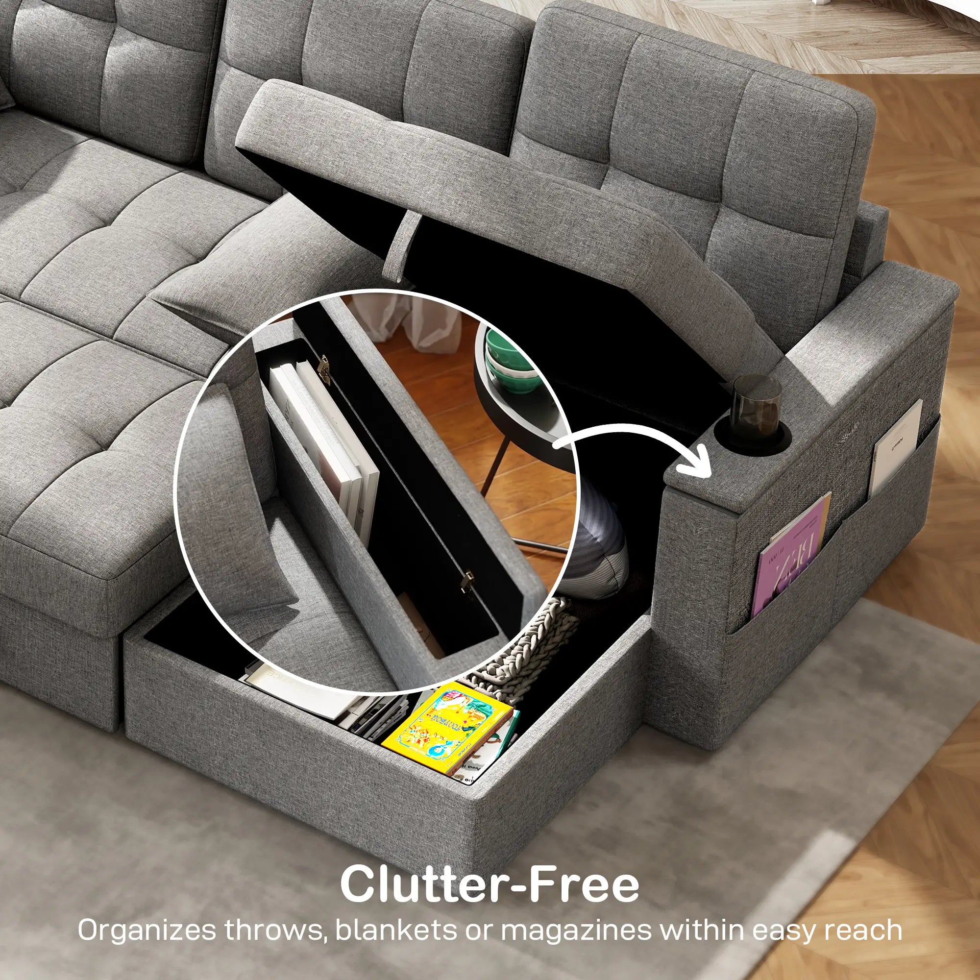 Convertible Sectional Sofa Bed, Pull Out Sleeper with USB, Chaise Storage, Grey Sofas & Reclining Chairs at Gallery Canada