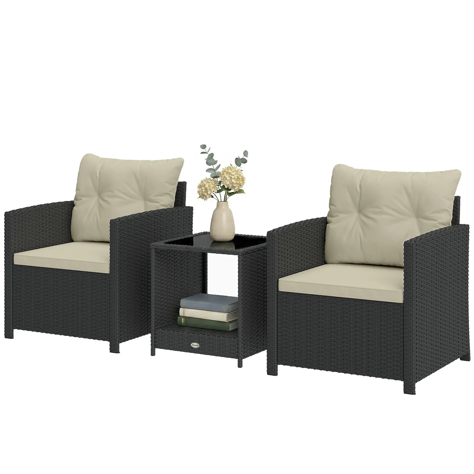 3 Piece Wicker Patio Set, 2-Tier Glass Top Table, Beige Bistro Sets Black, Beige at Gallery Canada