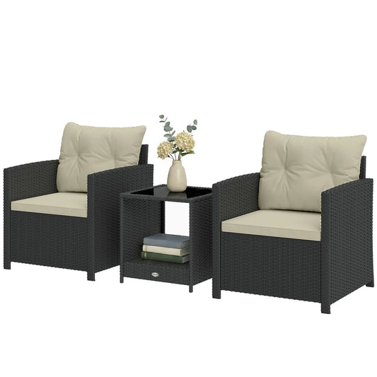 3 Piece Wicker Patio Set, 2-Tier Glass Top Table, Beige Bistro Sets Black, Beige at Gallery Canada