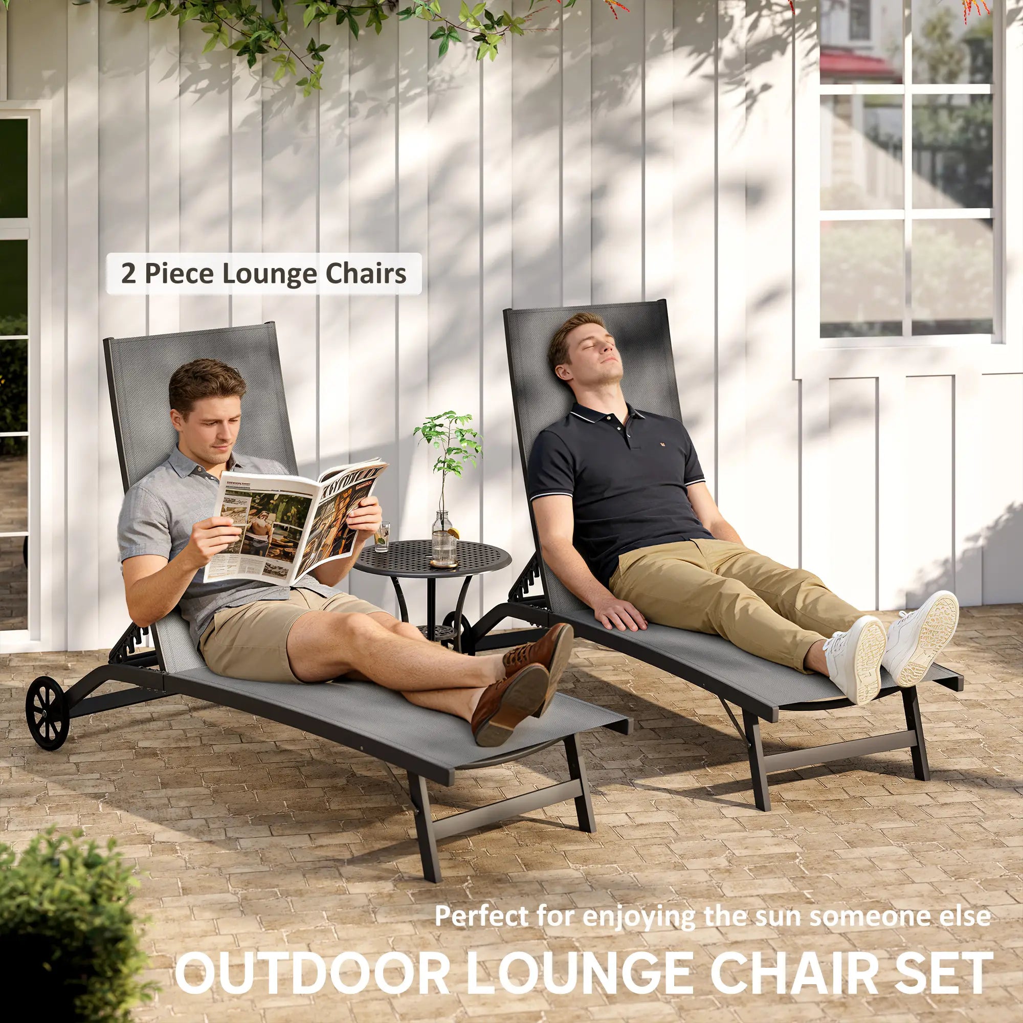 Outdoor Lounge Chair Set of 2, Breathable Mesh, Wheels, Dark Grey Lounger Chairs at Gallery Canada