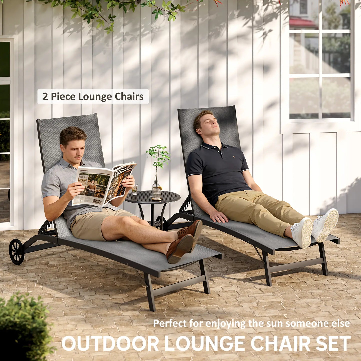 Outdoor Lounge Chair Set of 2, Breathable Mesh, Wheels, Dark Grey Lounger Chairs at Gallery Canada