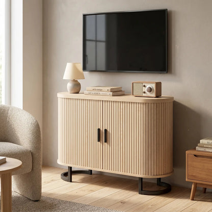 Sideboard Buffet Cabinet, Curved Tambour Doors, Natural Wood