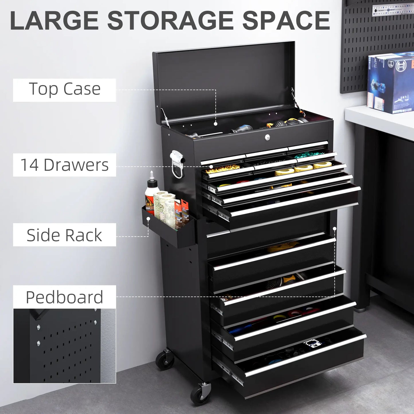 14 Drawer Rolling Tool Chest, Lockable Storage Cabinet, Detachable Toolbox, Black Tool Organizers at Gallery Canada