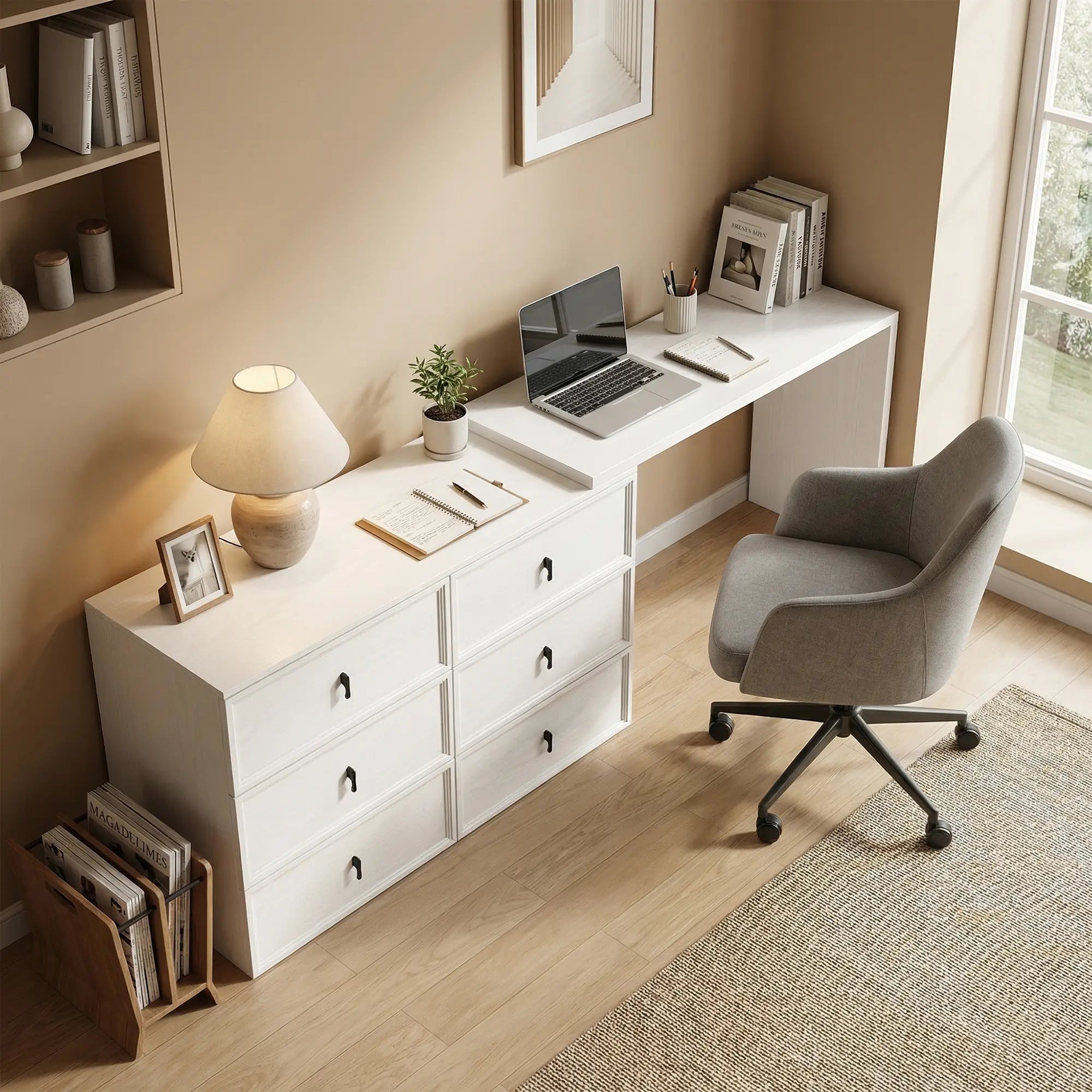 L Shaped Computer Desk, 6 Drawers, White Wood Grain, White Computer Desks at Gallery Canada