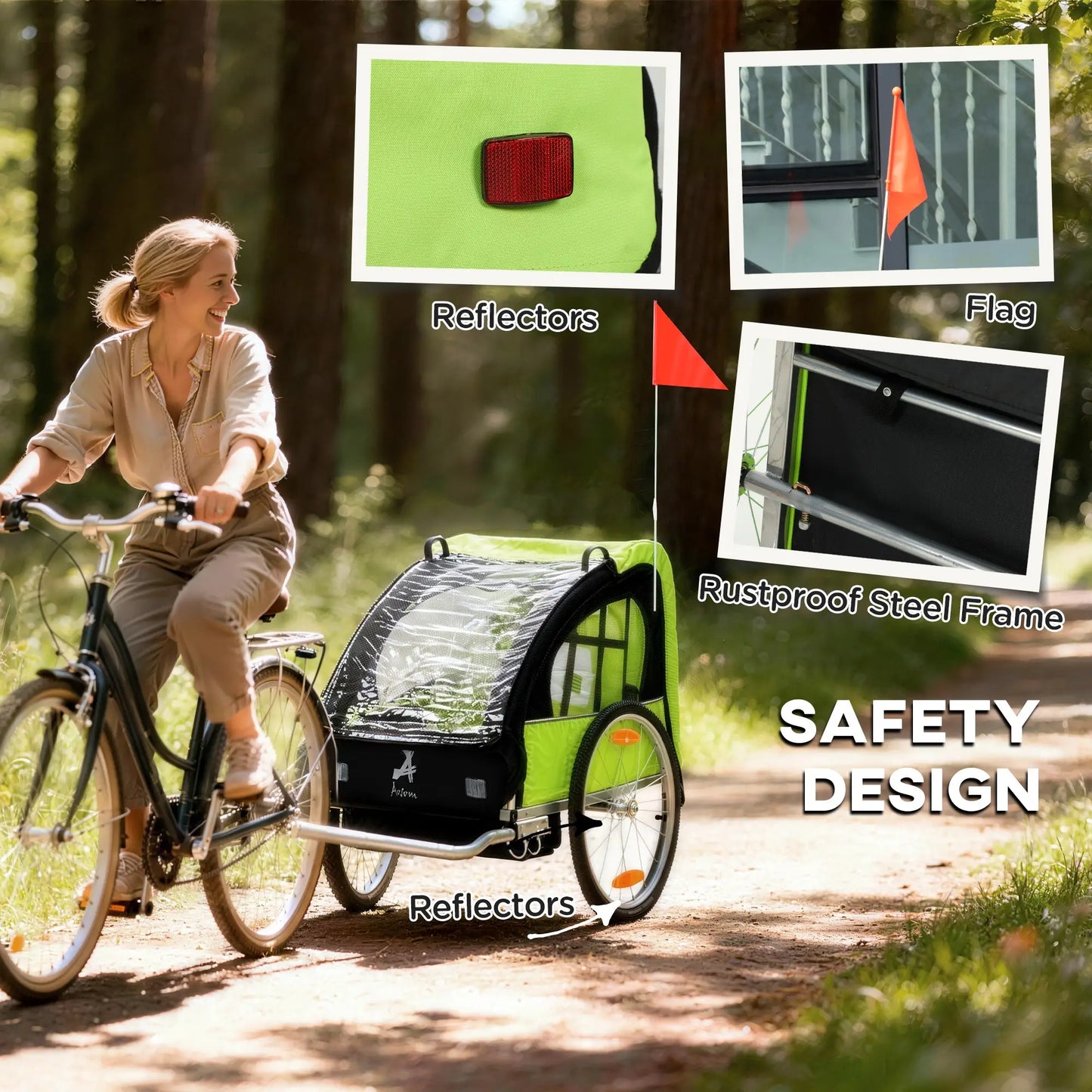 2-Seat Child Bike Trailer, Steel Frame, 5-Point Harness, Green