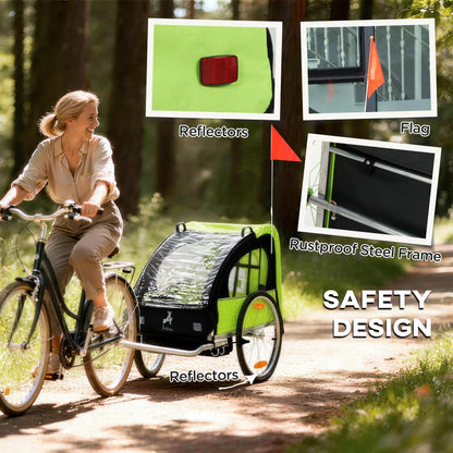 2-Seat Child Bike Trailer, Steel Frame, 5-Point Harness, Green